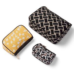 DVF x Target Black Gold White Vintage Weave Ginkgo Poppy 3 pack Travel Pouches